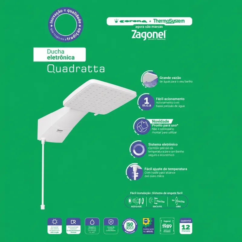 Ducha Quadratta Eletrônica 220V 7500W - Zagonel — Eletrônicos